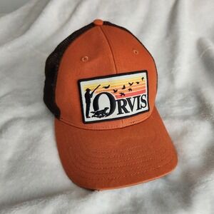 Orvis Retro Upland Hunting Patch Trucker Hat | Blaze Orange Brown Mesh Snapback